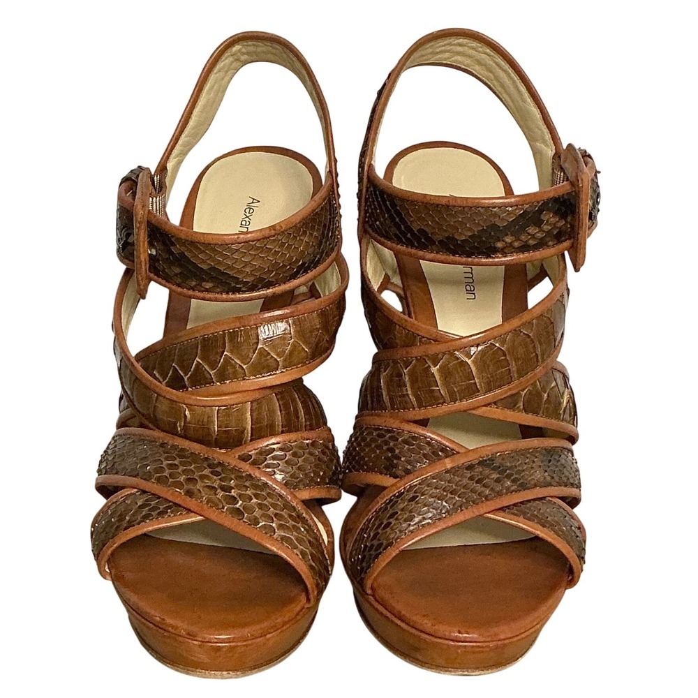 Alexandre‎ Birman Snakeskin Strappy Wedge Sandals Brown Leather Heels